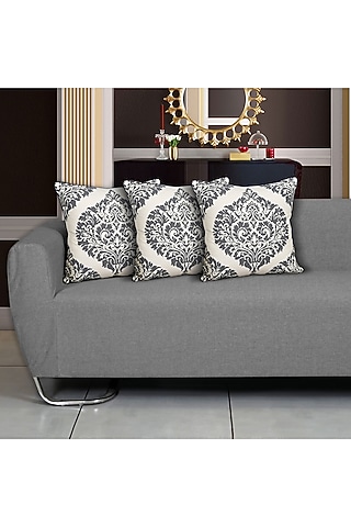 Grey Cotton Aari Embroidered Square Cushion Cover (Set of 3) by Ode And Cleo