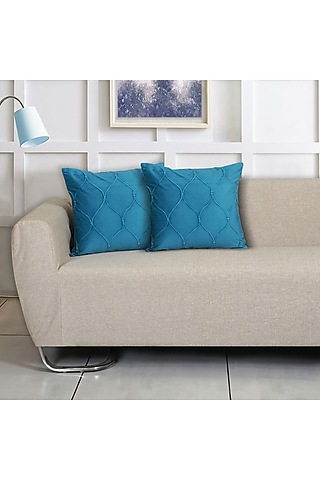 Cobalt Blue Velvet Self Design Square Cushion Cover (Set of 2) by Ode And Cleo