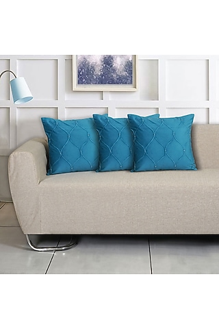 Cobalt Blue Velvet Self Design Square Cushion Cover (Set of 3) by Ode And Cleo