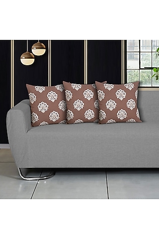 Beige Cotton Chikankari Embroidered Square Cushion Cover (Set of 3) by Ode And Cleo
