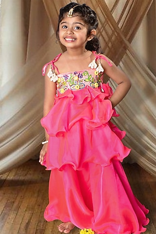 Fuchsia Satin Silk Ruffled Skirt Set For Girls by Offspring Closet