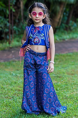 Royal Blue Silk & Satin Sharara Set For Girls by Offspring Closet