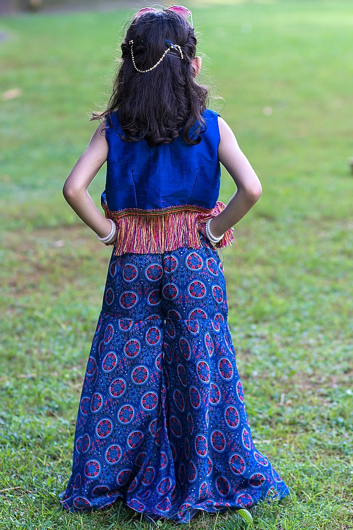 Royal Blue Silk & Satin Sharara Set For Girls by Offspring Closet at Pernia's Pop Up Shop