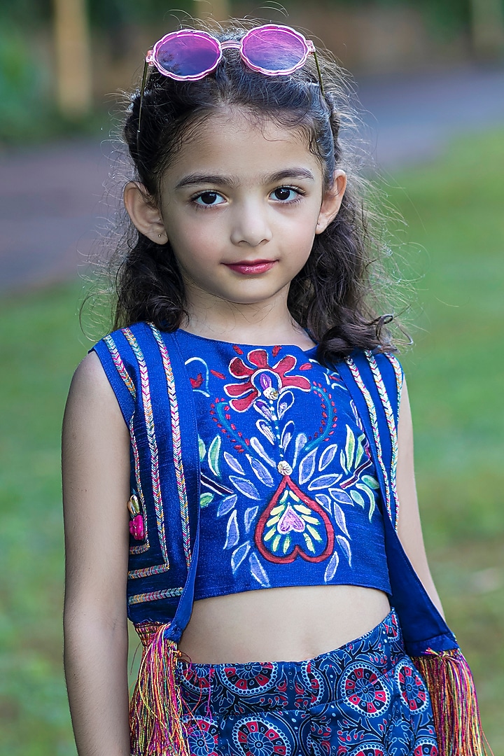 Royal Blue Silk & Satin Sharara Set For Girls by Offspring Closet at Pernia's Pop Up Shop