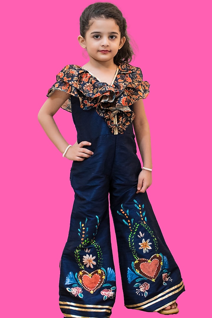 Navy Blue Haint Painted Jumpsuit For Girls by Offspring Closet