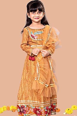 Yellow Cotton Silk Anarkali Set For Girls by Offspring Closet