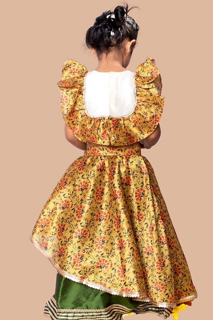 Mustard Yellow & Green Cotton Silk Lehenga Set For Girls by Offspring Closet at Pernia's Pop Up Shop