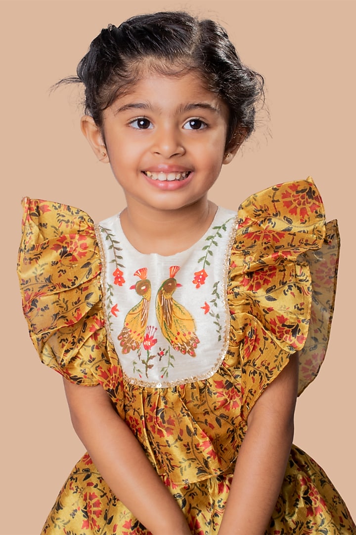 Mustard Yellow & Green Cotton Silk Lehenga Set For Girls by Offspring Closet at Pernia's Pop Up Shop