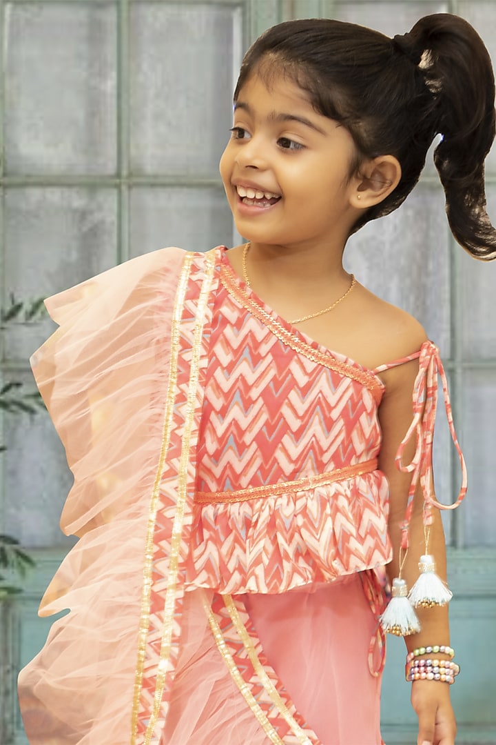 Peach Printed Lehenga Set For Girls by Offspring Closet at Pernia's Pop Up Shop