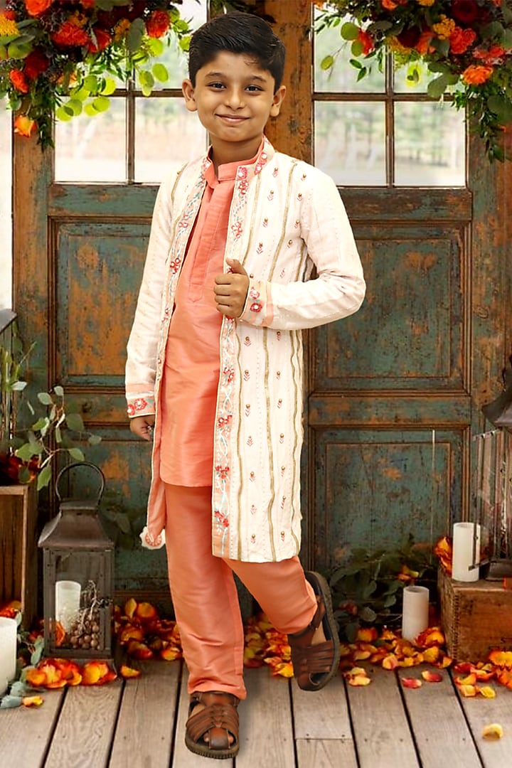 White Embroidered Indo-Western Jacket Set For Boys by Offspring Closet