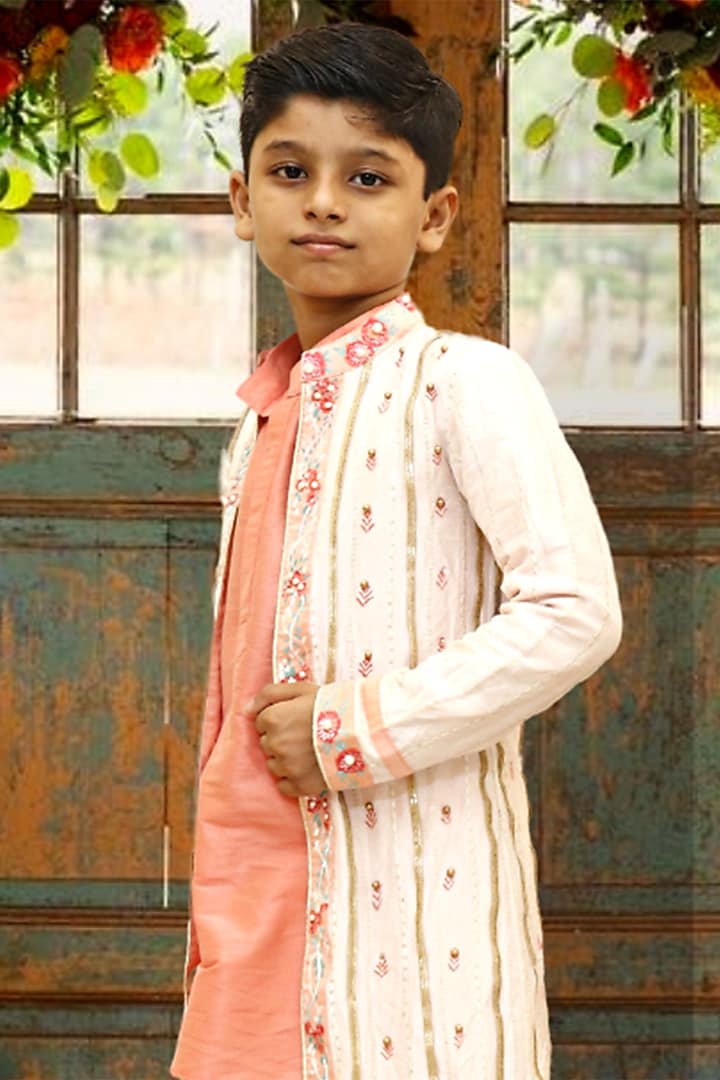 White Embroidered Indo-Western Jacket Set For Boys by Offspring Closet at Pernia's Pop Up Shop