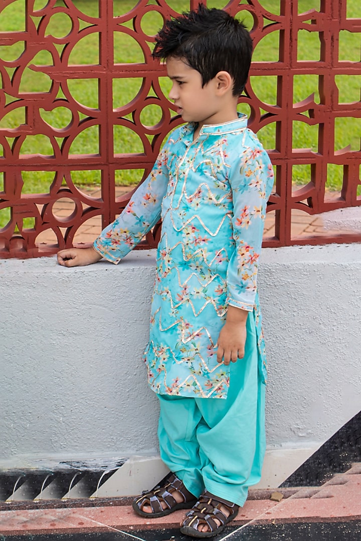 Sky Blue & Sea Green Printed Kurta Set For Boys by Offspring Closet