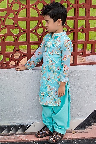 Sky Blue & Sea Green Georgette Printed Kurta Set For Boys by Offspring Closet