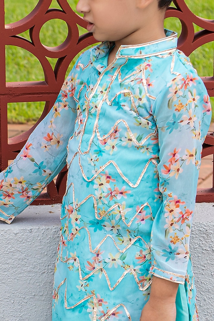 Sky Blue & Sea Green Georgette Printed Kurta Set For Boys by Offspring Closet at Pernia's Pop Up Shop
