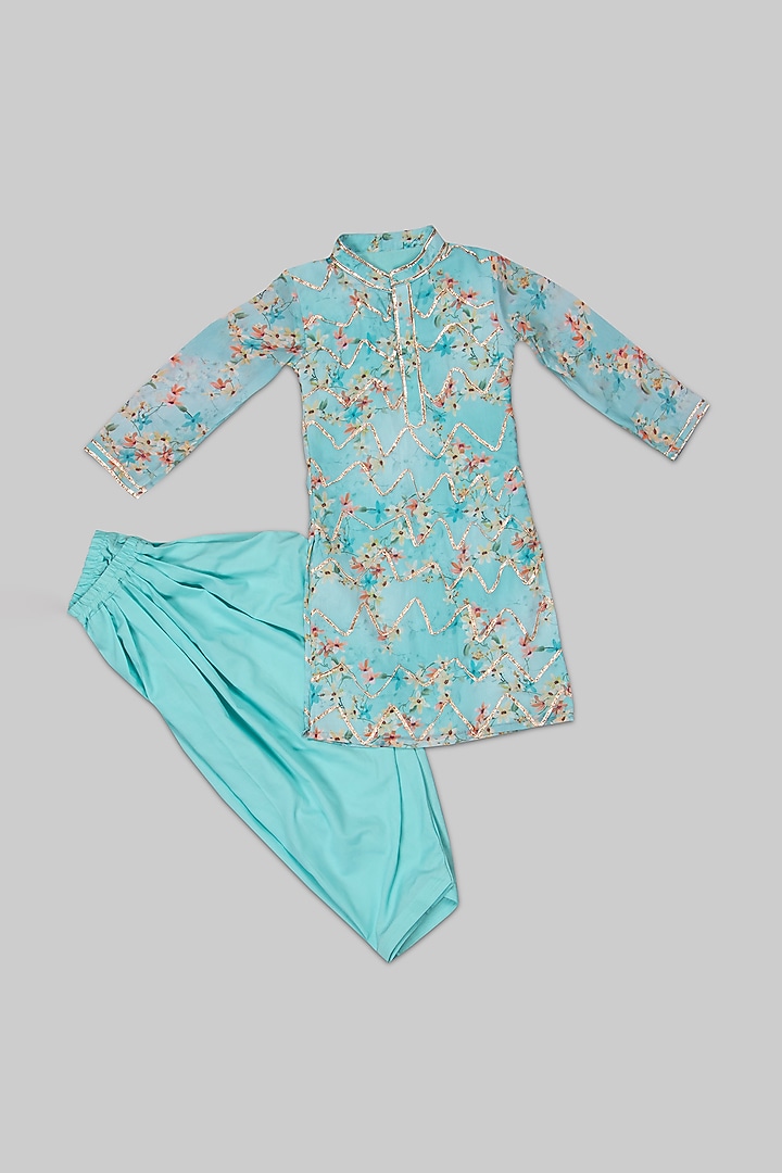 Sky Blue & Sea Green Georgette Printed Kurta Set For Boys by Offspring Closet at Pernia's Pop Up Shop