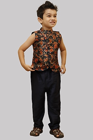 Navy Blue Cotton Silk Kurta Set With Bundi Jacket For Boys by Offspring Closet