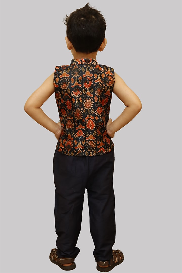 Navy Blue Cotton Silk Kurta Set With Bundi Jacket For Boys by Offspring Closet at Pernia's Pop Up Shop