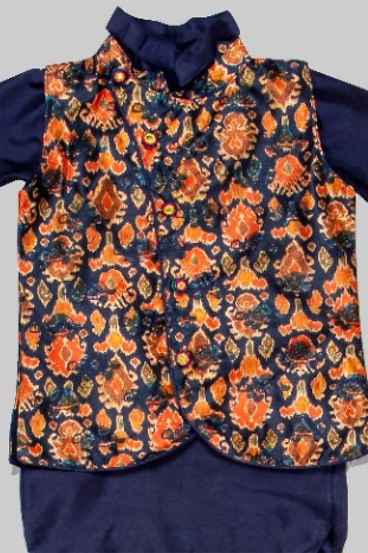 Navy Blue Cotton Silk Kurta Set With Bundi Jacket For Boys by Offspring Closet at Pernia's Pop Up Shop