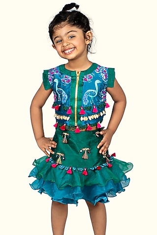 Green Cotton Silk Skirt Set For Girls by Offspring Closet
