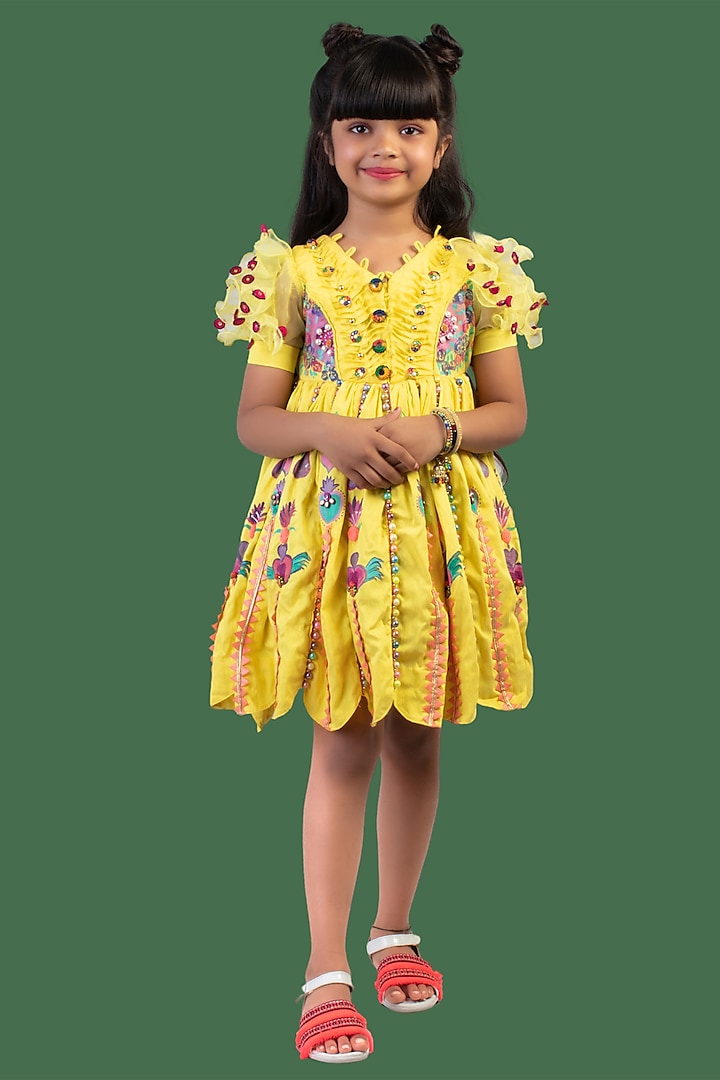 Yellow Hand Embroidered Dress For Girls by Offspring Closet