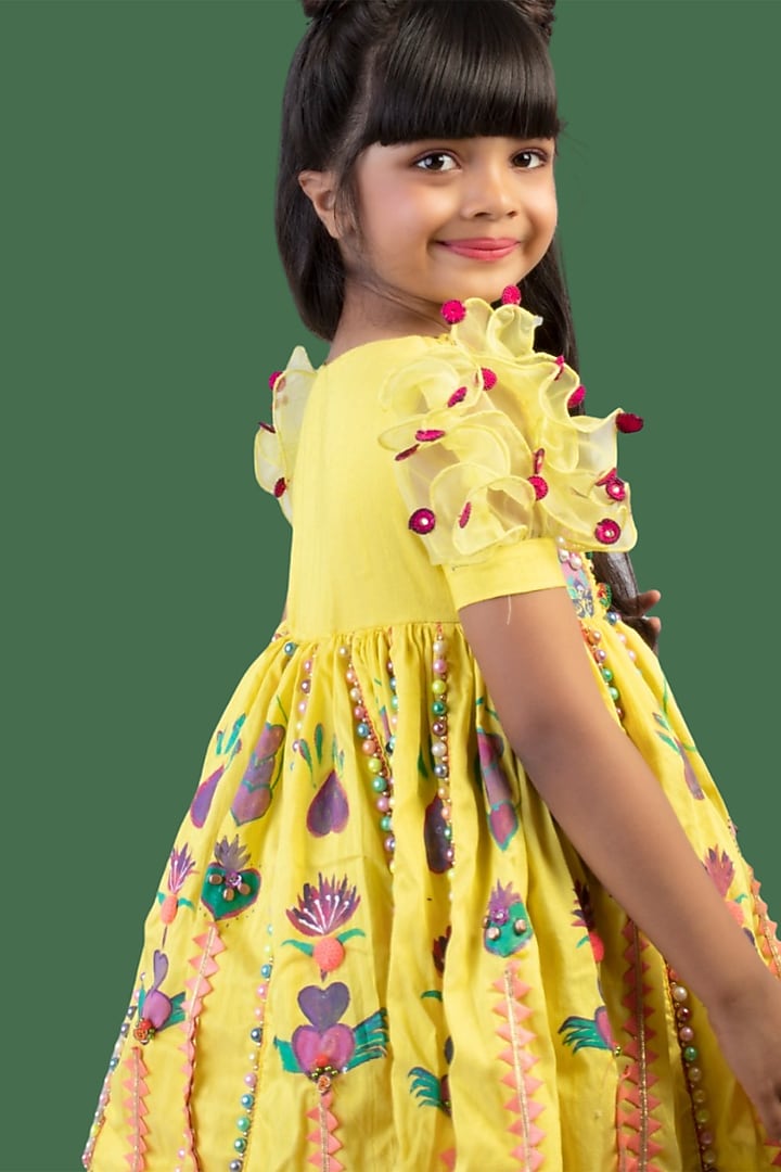 Yellow Hand Embroidered Dress For Girls by Offspring Closet at Pernia's Pop Up Shop