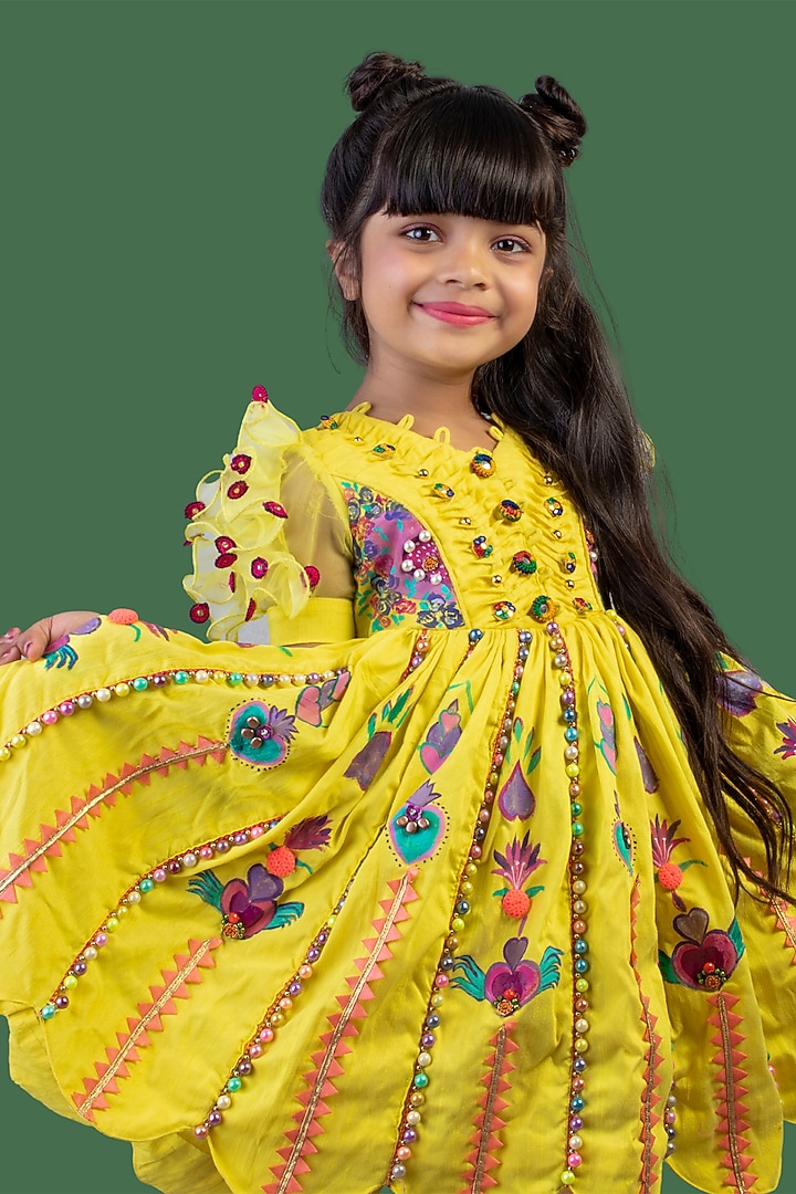 Yellow Hand Embroidered Dress For Girls by Offspring Closet at Pernia's Pop Up Shop