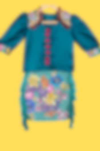 Teal Hand Painted Skirt Set For Girls by Offspring Closet