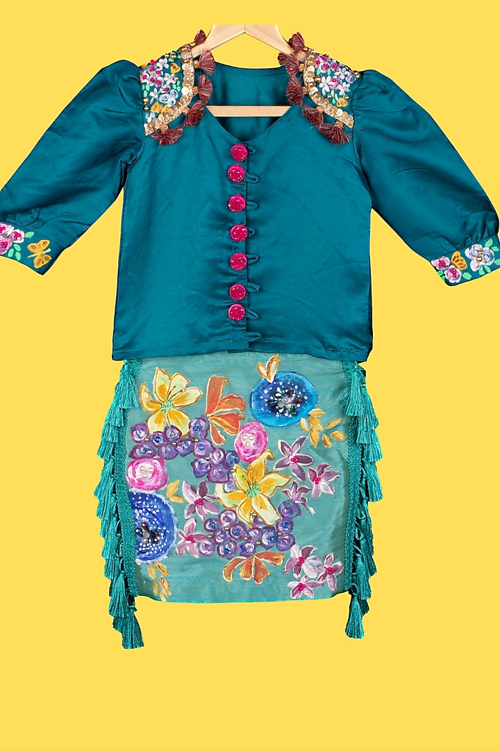 Teal Hand Painted Skirt Set For Girls by Offspring Closet