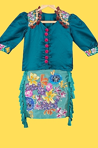 Teal Hand Painted Skirt Set For Girls by Offspring Closet