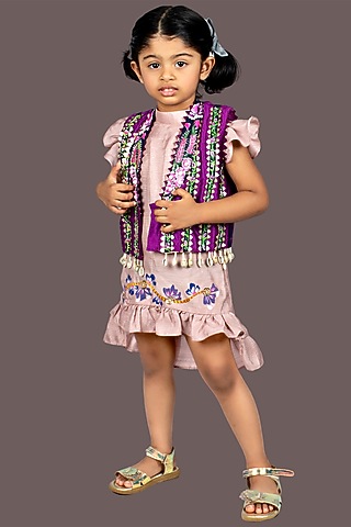 Onion Pink Embroidered Jacket Dress For Girls by Offspring Closet