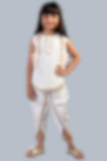 Off-White Dhoti Kurta Set With Hand Painted Short Jacket For Girls by Offspring Closet