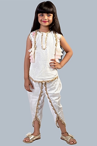 Off-White Dhoti Kurta Set With Hand Painted Short Jacket For Girls by Offspring Closet