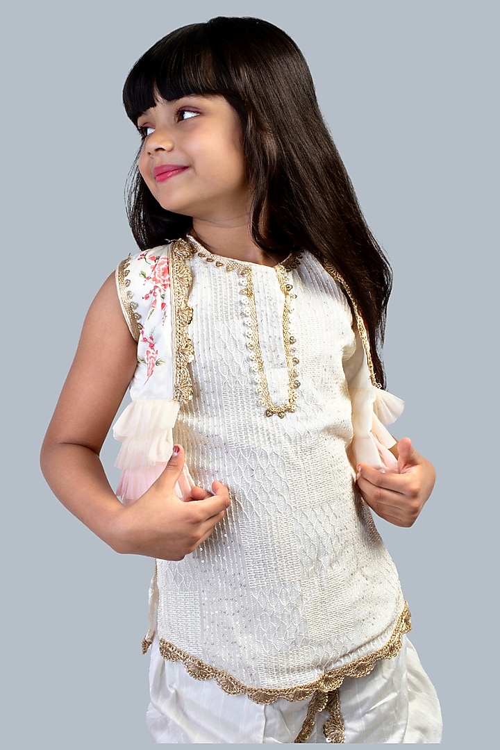 Off-White Dhoti Kurta Set With Hand Painted Short Jacket For Girls by Offspring Closet at Pernia's Pop Up Shop