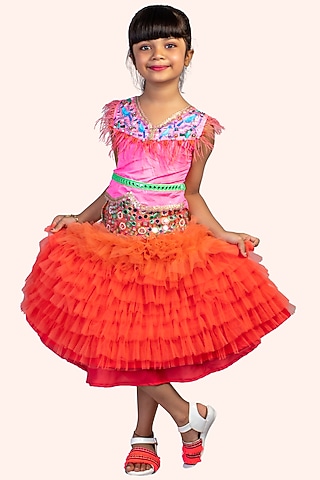 Tangerine Taffeta & Net Lehenga Set For Girls by Offspring Closet