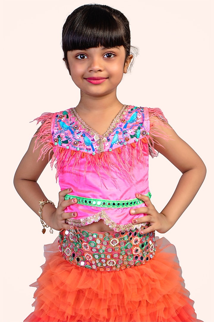 Tangerine Taffeta & Net Lehenga Set For Girls by Offspring Closet at Pernia's Pop Up Shop