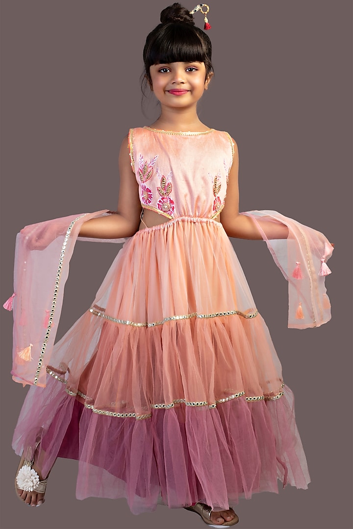 Peach Net & Cotton Silk Gown With Dupatta For Girls by Offspring Closet