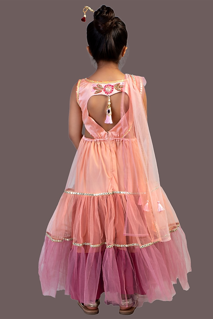 Peach Net & Cotton Silk Gown With Dupatta For Girls by Offspring Closet at Pernia's Pop Up Shop