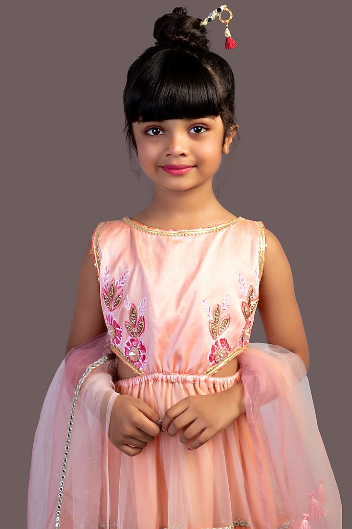 Peach Net & Cotton Silk Gown With Dupatta For Girls by Offspring Closet at Pernia's Pop Up Shop