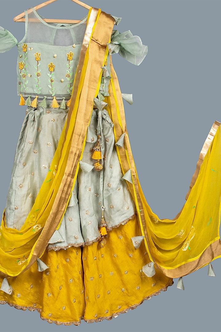 Teal Green & Mustard Embroidered Lehenga Set For Girls by Offspring Closet