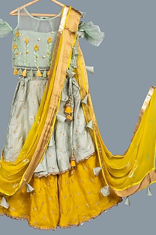 Teal Green & Mustard Embroidered Lehenga Set For Girls by Offspring Closet