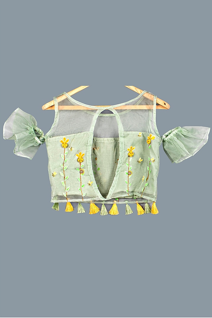 Teal Green & Mustard Embroidered Lehenga Set For Girls by Offspring Closet at Pernia's Pop Up Shop
