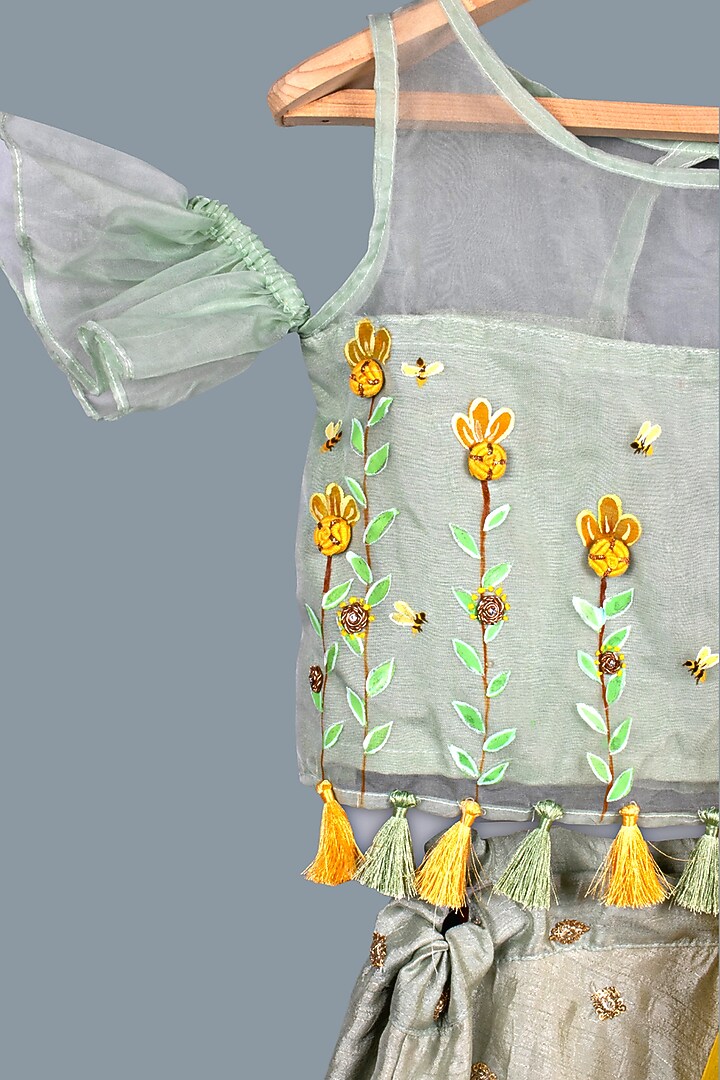 Teal Green & Mustard Embroidered Lehenga Set For Girls by Offspring Closet at Pernia's Pop Up Shop