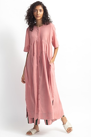 Rose Pink & Green Hand Printed Kurta Set by OFrida