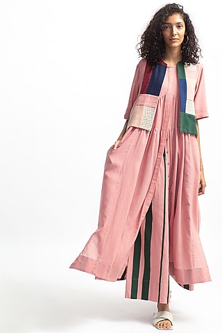 Rose Pink Embroidered Kurta Set With Patchwork by OFrida