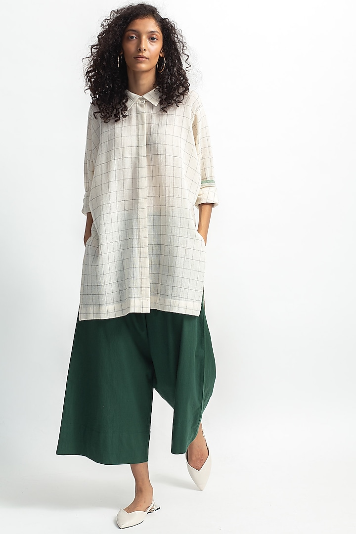 White & Green Checkered Pant Set by OFrida
