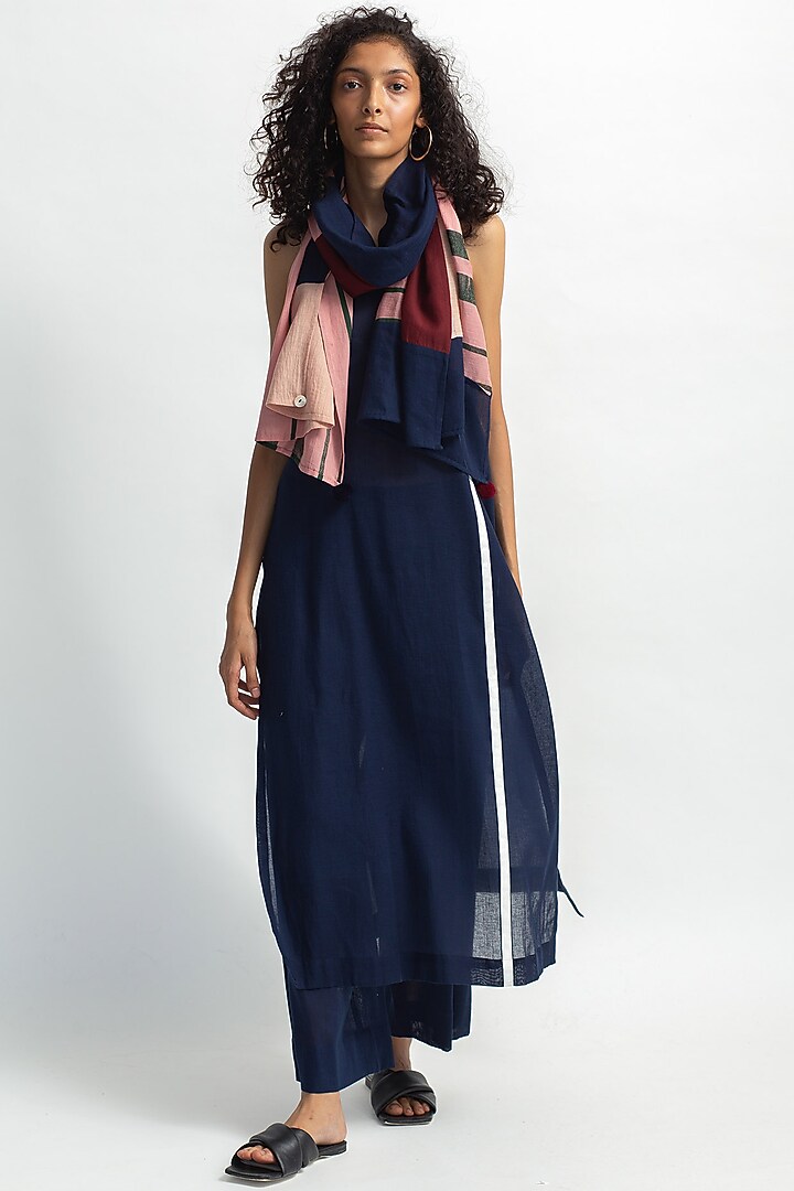 Navy Blue Block Hand Printed Kurta Set by OFrida at Pernia's Pop Up Shop