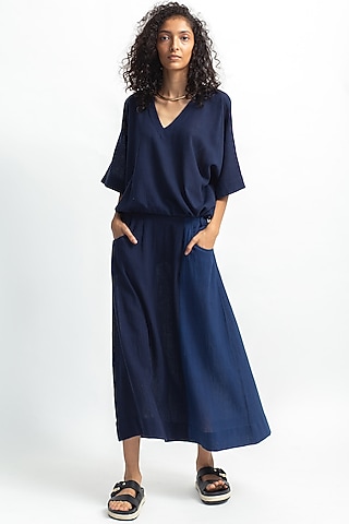 Navy Blue Relaxed Fit Skirt Set by OFrida