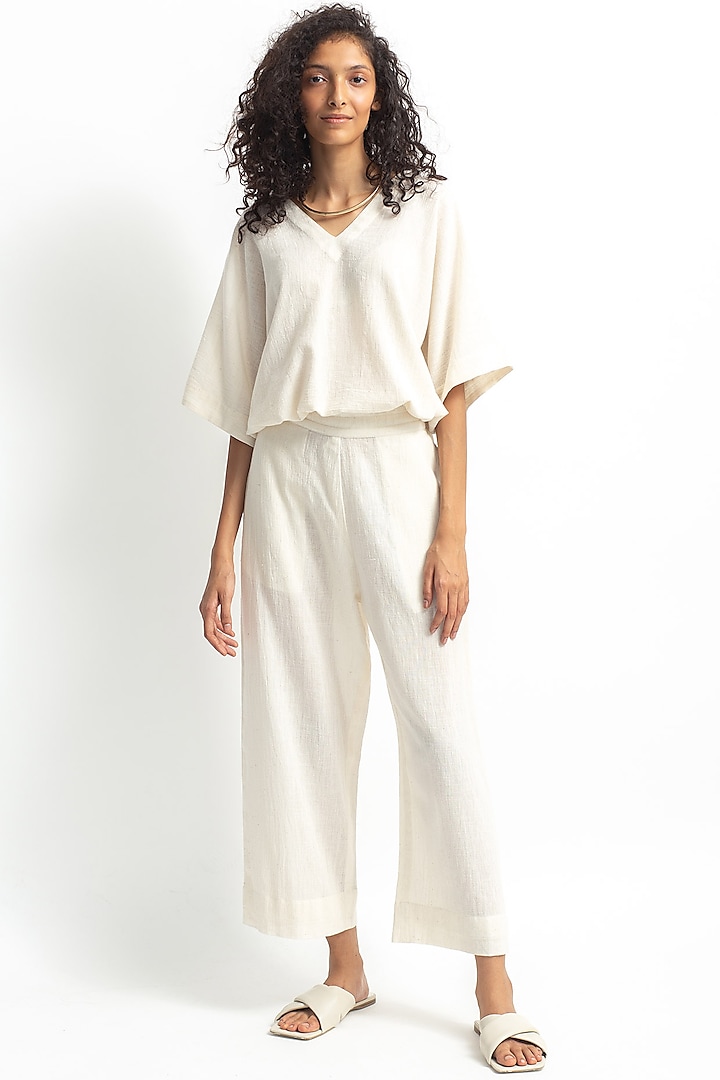 White Embroidered Straight Pants Set by OFrida