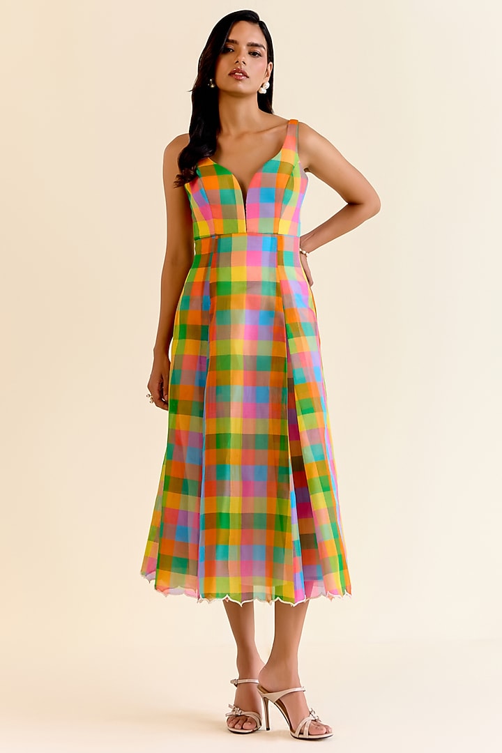 Multi-Colored Handwoven Pachranga Silk Organza Checkered Cocktail Dress by Ohfab by Aanchal & Akshita at Pernia's Pop Up Shop