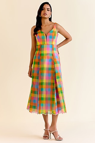 Multi-Colored Handwoven Pachranga Silk Organza Checkered Dress by Ohfab by Aanchal & Akshita